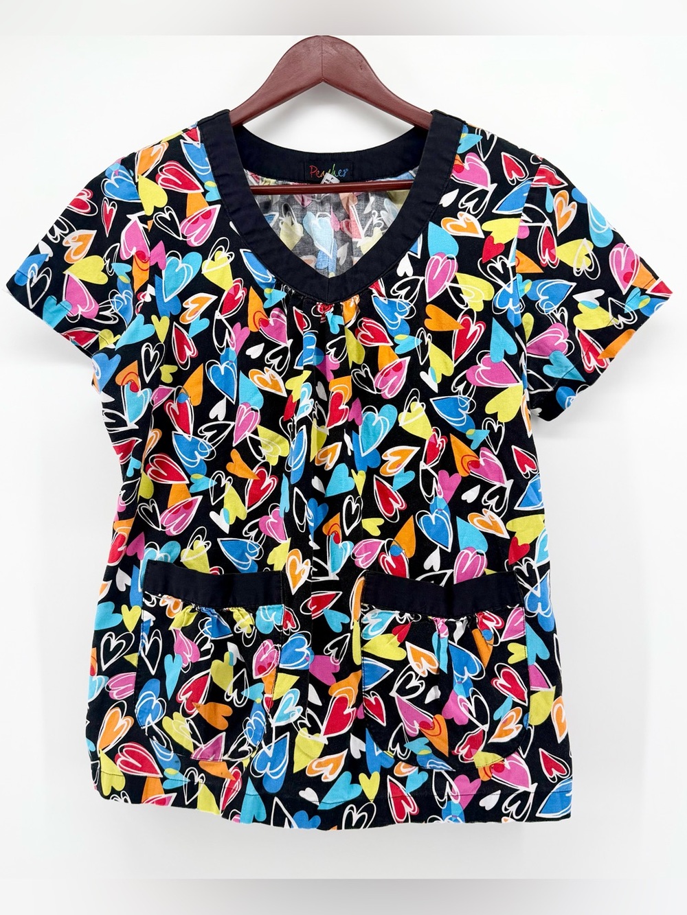 Peaches Vibrant Neon Heart Print Medical Scrub Top Large L Cinched Back Nurse